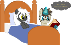 Size: 2574x1638 | Tagged: safe, artist:zacatron94, oc, oc only, oc:blank novel, oc:captain white, pegasus, pony, unicorn, bed, book, female, magic, male, mare, oc x oc, shipping, simple background, stallion, thermometer, transparent background, vector, whitenovel