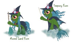 Size: 2508x1497 | Tagged: safe, artist:shadymeadow, oc, oc:marine curse, earth pony, pony, seapony (g4), broom, cloak, clothes, female, hat, jaundice, mare, oc villain, simple background, solo, transparent background, witch hat