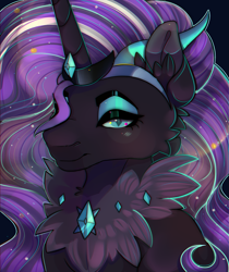 Size: 1681x2000 | Tagged: safe, artist:petergriffinschin, idw, nightmare rarity, unicorn, bust, cheek fluff, corrupted, ear fluff, evil, female, hair over one eye, portrait, race swap, redraw, smiling, smirk, solo