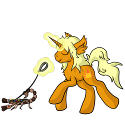 Size: 2000x2000 | Tagged: safe, artist:raktor, oc, oc only, oc:dawnflash, pony, scorpion, unicorn, chocolate, chocolate scorpion, collar, food, halo, leash, majestic as fuck, male, pet, pointy horn, sharp horn, solo