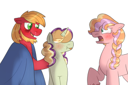 Size: 1999x1330 | Tagged: safe, artist:kindheart525, artist:romania-lanslide, big macintosh, oc, oc:honeycrisp, oc:somerset sour cider, earth pony, pony, unicorn, father and child, father and daughter, female, kindverse, male, offspring, parent and child, parent:big macintosh, parent:cheerilee, parent:sugar belle, parents:cheerimac, parents:sugarmac, runny nose, sick, tongue out
