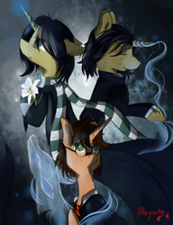 Size: 1000x1300 | Tagged: safe, artist:yuris, pony, unicorn, cloak, clothes, doe, eyes closed, floppy ears, flower, glowing horn, gryffindor, harry potter, lily (flower), looking up, male, open mouth, patronus, ponified, scarf, school uniform, severus snape, slytherin