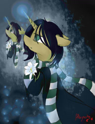 Size: 1000x1300 | Tagged: safe, artist:yuris, pony, cloak, clothes, floppy ears, flower, glowing horn, harry potter, lily (flower), looking up, male, ponified, scarf, severus snape, solo