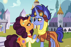Size: 820x540 | Tagged: safe, artist:imtailsthefoxfan, hoo'far, saffron masala, pony, unicorn, blushing, clothes, crack shipping, eye contact, female, goggles, heart eyes, looking at each other, male, mare, saf'far, shipping, stallion, straight, wingding eyes