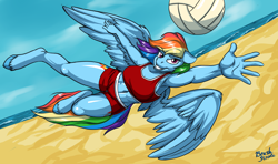 Size: 2580x1524 | Tagged: safe, artist:brushstroke, derpibooru import, rainbow dash, anthro, pegasus, unguligrade anthro, armpits, beach, belly button, bikini, clothes, female, shorts, solo, sports, swimsuit, volleyball