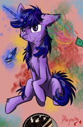 Size: 1300x2000 | Tagged: safe, artist:yuris, oc, oc:dask shine, pony, unicorn, abstract background, cake, cheek fluff, chest fluff, ear fluff, food, hoof fluff, leg fluff, levitation, magic, male, messy eating, party horn, shoulder fluff, sitting, solo, telekinesis