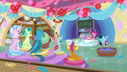 Size: 1280x720 | Tagged: safe, derpibooru import, screencap, gallus, ocellus, pinkie pie, sandbar, silverstream, smolder, yona, changedling, changeling, dragon, earth pony, griffon, hippogriff, pony, yak, balloon, dragoness, female, male, mare, stallion, theme song