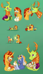 Size: 1960x3313 | Tagged: safe, artist:vindhov, sunburst, thorax, oc, oc:marigold, changedling, changeling, changeling larva, pony, unicorn, blaze (coat marking), changeling king, crying, female, gay, green background, grub, interspecies offspring, king thorax, kissing, magic, magical gay spawn, male, mare, next generation, offspring, parent:sunburst, parent:thorax, parent:twilight sparkle, parents:thoraxburst, parents:twiburst, shapeshifting, shipping, simple background, snip (coat marking), socks (coat marking), stallion, telekinesis, thoraxburst