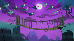 Size: 2100x1180 | Tagged: safe, screencap, cockatrice, pony, student counsel, bridge, flock, flying, full moon, moon, night, rope bridge