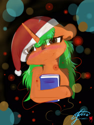 Size: 1520x2026 | Tagged: safe, artist:yuris, oc, pony, abstract background, blushing, book, cheek fluff, chest fluff, christmas, ear fluff, floppy ears, hat, holiday, leg fluff, looking at you, santa hat, shoulder fluff, smiling, solo