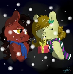 Size: 1920x1960 | Tagged: safe, artist:yuris, oc, oc:yuris, pony, chest fluff, clothes, duo, eyes closed, grin, holly, mouth hold, present, scarf, shoulder fluff, smiling