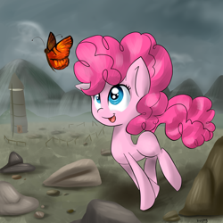 Size: 4000x4000 | Tagged: safe, artist:koijoy, derpibooru import, pinkie pie, butterfly, earth pony, pony, blank flank, cute, diapinkes, female, filly, filly pinkie pie, looking at something, open mouth, pronking, rock farm, solo, younger