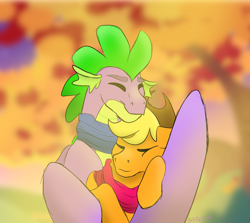 Size: 2992x2672 | Tagged: safe, artist:bellbell123, derpibooru import, applejack, spike, dragon, earth pony, pony, applespike, autumn, cheek squish, clothes, cuddling, cute, eyes closed, female, hug, male, older, older spike, scarf, shipping, smiling, squishy cheeks, straight, winged spike, winghug