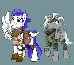 Size: 1280x1120 | Tagged: safe, artist:rutkotka, oc, oc:knightingale, oc:silent kosmos, pegasus, pony, unicorn, combat medic, duo, female, gray background, grin, hooves, looking back, male, mare, medic, raised hoof, saddle bag, salute, simple background, smiling, stallion, wing salute, wings