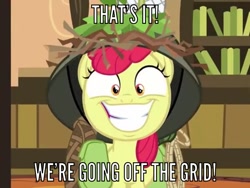 Size: 852x640 | Tagged: safe, edit, edited screencap, screencap, apple bloom, going to seed, caption, cropped, face, helmet, image macro, little caesars, meme, smiling, text
