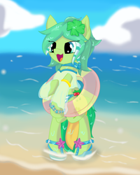 Size: 2268x2835 | Tagged: safe, artist:dreamoonight, oc, oc only, oc:spirit heart, earth pony, pony, beach, bipedal, clothes, floaty, inflatable, inflatable toy, pool toy, sandals, summer, swimsuit, wet