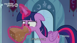 Size: 1920x1080 | Tagged: safe, screencap, twilight sparkle, twilight sparkle (alicorn), alicorn, pony, the beginning of the end, 2019, all new, bag, discovery family logo, hyperventilating, opening, out of context, panic, panting, paper bag, solo, spring, subtitles, text, twilighting