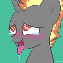 Size: 513x513 | Tagged: safe, artist:cherry days, artist:cherrydayz, oc, pony, unicorn, ahegao, black coat, blushing, commission, crying, cute, drool, heart eyes, icon, male, open mouth, orange mane, sexy, simple background, solo, stallion, tears of pleasure, tongue out, unicorn oc, wingding eyes, ych result, yellow mane