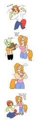Size: 706x2240 | Tagged: safe, artist:matchstickman, bright mac, granny smith, pear butter, anthro, earth pony, plantigrade anthro, biceps, breasts, brightbutter, busty pear butter, clothes, comic, deltoids, dialogue, female, flexing, jacket, jeans, male, might mac, muscles, pants, pear buffer, shipping, shirt, simple background, straight, white background