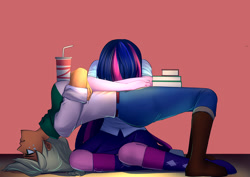 Size: 990x700 | Tagged: safe, artist:bakki, applejack, twilight sparkle, human, equestria girls, applerack, backbend, book, breasts, crossed arms, drink, female, freckles, living object, sleeping, table, tablejack