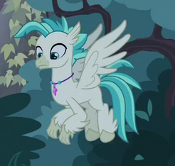 Size: 246x234 | Tagged: safe, screencap, terramar, classical hippogriff, hippogriff, student counsel, cropped, flying, jewelry, male, necklace, solo