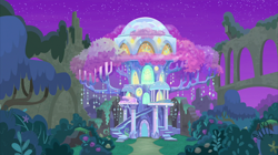 Size: 2100x1180 | Tagged: safe, screencap, student counsel, castle of the royal pony sisters, crystal, night, no pony, ruins, treehouse of harmony