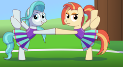 Size: 2000x1091 | Tagged: safe, artist:trackheadtherobopony, lighthoof, shimmy shake, pony, 2 4 6 greaaat, cheerleader, duo