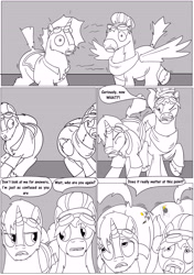 Size: 6271x8921 | Tagged: safe, artist:cactuscowboydan, caboose, full steam, promontory, silver lining, silver zoom, sunburst, oc, oc:air brakes, oc:nova reactor, earth pony, hybrid, pegasus, pony, unicorn, comic:fusing the fusions, comic:the bastion of canterlot, argument, body horror, booty had me like, canterlot, canterlot castle, cape, clothes, comic, commissioner:bigonionbean, conductor hat, confusion, cutie mark, dat ass was fat, dat butt, dialogue, facial hair, fat ass, flank, fusion, fusion:air brakes, fusion:nova reactor, goggles, gymnasium, hat, jiggle, magic, male, meme, plot, potion, shirt, shocked, shocked expression, sketch, spread wings, stallion, swelling, tail wag, thicc ass, uniform, unshaven, wings, wonderbolts, wonderbolts uniform, writer:bigonionbean