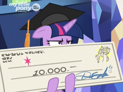 Size: 1375x1032 | Tagged: safe, screencap, discord, twilight sparkle, twilight sparkle (alicorn), alicorn, pony, the beginning of the end, carrying, cropped, discovery family logo, giant check, graduation cap, hat, signature, smiley face, unamused, written equestrian