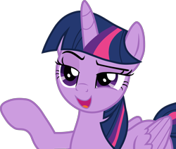 Size: 6430x5438 | Tagged: safe, artist:uigsyvigvusy, twilight sparkle, twilight sparkle (alicorn), alicorn, pony, 2 4 6 greaaat, absurd resolution, female, mare, open mouth, raised eyebrow, raised hoof, simple background, smiling, smug, smuglight sparkle, solo, transparent background, vector