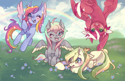 Size: 1224x800 | Tagged: safe, artist:poiizu, oc, oc:candy star, oc:glittering cloud, oc:morning dew, oc:petal grove, pegasus, pony, cloud, flower, flying, grass, group, group photo, mountain, one eye closed, rainbow, sky, smiling, tongue out, upside down, wink