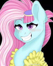 Size: 1280x1585 | Tagged: safe, artist:diethtwoo, kerfuffle, pony, rainbow roadtrip, black background, blushing, bust, grin, portrait, signature, simple background, smiling, solo