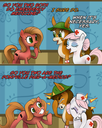 Size: 1280x1602 | Tagged: safe, artist:ruffu, nurse redheart, oc, oc:charlie foxtrot, oc:pun, donkey, earth pony, pony, ask, ask pun, facehoof, female, male, mare, pun, stallion