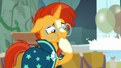 Size: 1920x1080 | Tagged: safe, screencap, sunburst, pony, unicorn, student counsel, balloon, cute, hoof in mouth, pain, solo, sunbetes, table
