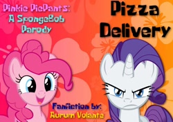 Size: 1024x726 | Tagged: safe, artist:supersonic331, derpibooru import, pinkie pie, rarity, earth pony, pony, unicorn, fanfic:pinkie piepants, adorable face, angry, cute, fanfic art, female, happy, looking at you, mare, parody, pizza delivery, spongebob squarepants, title card