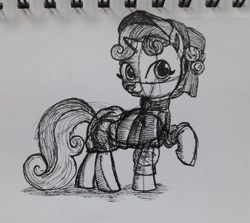 Size: 2746x2448 | Tagged: safe, artist:rockhoppr3, sweetie belle, pony, clothes, hat, lineart, monochrome, raised hoof, sketch, solo, traditional art