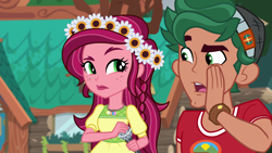 Size: 1920x1080 | Tagged: safe, screencap, gloriosa daisy, timber spruce, equestria girls, legend of everfree, brother and sister, camp everfree logo, camp everfree outfits, female, geode of fauna, geode of shielding, geode of super speed, geode of super strength, magical geodes, male, siblings, smiling, smirk