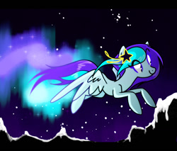 Size: 1280x1088 | Tagged: safe, artist:anyazen, oc, oc only, oc:frozy, pegasus, pony, aurora borealis, female, flying, male, mare, mountain, night, night sky, sky, snow, solo, spread wings, stars, wings