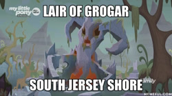 Size: 600x337 | Tagged: safe, edit, edited screencap, screencap, the beginning of the end, aqua teen hunger force, evil lair, grogar's lair, impact font, lair, no pony