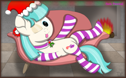 Size: 4000x2500 | Tagged: safe, artist:thevintagepone, coco pommel, earth pony, pony, clothes, fireplace, on back, one eye closed, socks, solo, striped socks, tongue out, wink