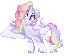 Size: 1824x1583 | Tagged: safe, artist:corporalvortex, artist:klewgcg, oc, oc:rainbow confetti, pegasus, pony, base used, coat markings, colored ears, colored wings, eye clipping through hair, magical lesbian spawn, mottled coat, multicolored hair, multicolored wings, oc redesign, offspring, one wing out, parent:pinkie pie, parent:rainbow dash, parents:pinkiedash, rainbow hair, simple background, socks (coat marking), solo, star (coat marking), tail feathers, transparent background, wings