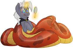 Size: 3800x2600 | Tagged: safe, artist:fluffyxai, oc, oc only, oc:virmare, oc:virmir, lamia, snake, unicorn, coils, hypnosis, hypnotism, hypnotized, kaa eyes, lamiafied, magic, mirror, reflection, self hypnosis, shiny, solo, species swap, surprised, swirly eyes, tail, telekinesis