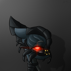 Size: 2000x2000 | Tagged: safe, artist:shido-tara, oc, oc only, pony, android, bust, crossover, darkness, glowing eyes, gray background, mass effect, ponified, portrait, reapers, red eyes, simple background, solo, watching in camera