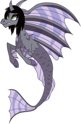 Size: 2941x4508 | Tagged: safe, artist:lightningbolt, derpibooru exclusive, pony, siren, .svg available, cloven hooves, curved horn, fangs, fins, fish tail, floppy ears, frown, horn, kellin quinn, lidded eyes, male, ponified, sad, simple background, sleeping with sirens, slit eyes, solo, svg, transparent background, vector