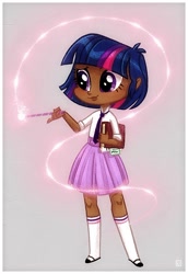 Size: 540x785 | Tagged: safe, artist:kora kosicka, twilight sparkle, human, equestria girls, alternate hairstyle, book, clothes, concept art, cute, dark skin, female, gradient background, horn wand, humanized, magic, mary janes, moe, necktie, raised eyebrow, school uniform, shoes, short hair, skirt, smiling, socks, solo, sparkles, wand