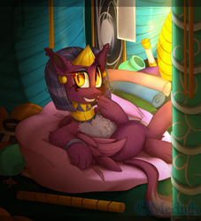 Size: 2588x2844 | Tagged: safe, artist:mediasmile666, sphinx (character), sphinx, beanbag chair, chest fluff, chromatic aberration, female, jewelry, looking at you, regalia, sitting, smiling, solo