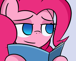 Size: 1186x954 | Tagged: safe, artist:thematrixman, derpibooru import, edit, pinkie pie, earth pony, pony, bedroom eyes, female, hot rape, looking sideways, magazine, mare, no pupils, reading, sideways glance, simple background, smiling, smirk, solo