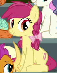 Size: 328x421 | Tagged: safe, screencap, lucky charm (character), peppermint goldylinks, smolder, twinkleshine, earth pony, pony, the washouts (episode), background pony, bow, cropped, cute, female, friendship student, hair bow, mare, pigtails, sitting, solo focus