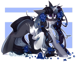 Size: 998x801 | Tagged: safe, artist:mediasmile666, oc, oc only, pony, unicorn, abstract background, art trade, berries, blushing, chest fluff, coat markings, female, floppy ears, long mane, long tail, mare, raised hoof, scrunchy face, solo, speedpaint available