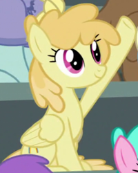 Size: 400x500 | Tagged: safe, screencap, toffee swirl, pegasus, pony, the washouts (episode), background pony, cropped, female, mare, raised hoof, sitting, solo focus